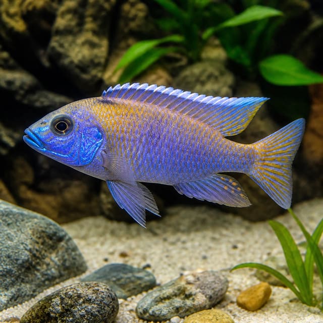 Aulonocara Super Colour Mix peacock cichlid in a Malawi-style aquarium
