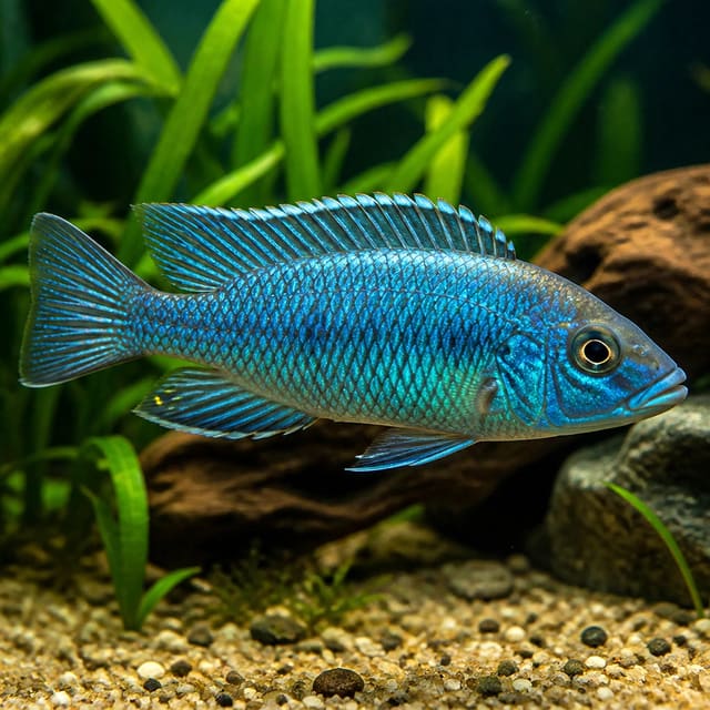 Aulonocara Turkis peacock cichlid in a Lake Malawi style aquarium