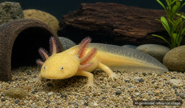 Gold axolotl Ambystoma mexicanum juvenile 3-5 cm with pale golden body and feathery external gills
