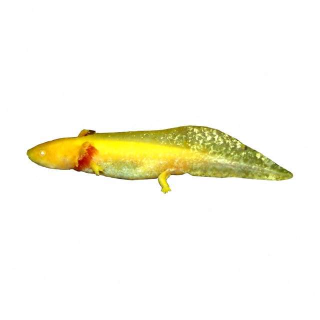 Golden albino axolotl (Ambystoma mexicanum) with a yellow body, red gills and a speckled golden tail fin