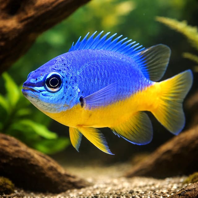 Azure demoiselle damselfish Chrysiptera hemicyanea with vivid blue and yellow colouring