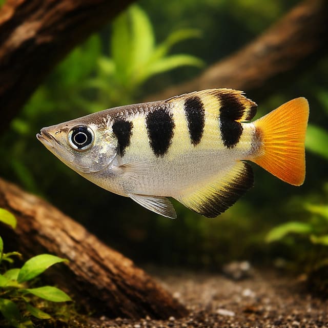 Banded Archerfish (Toxotes jaculatrix) near the surface of a brackish aquarium