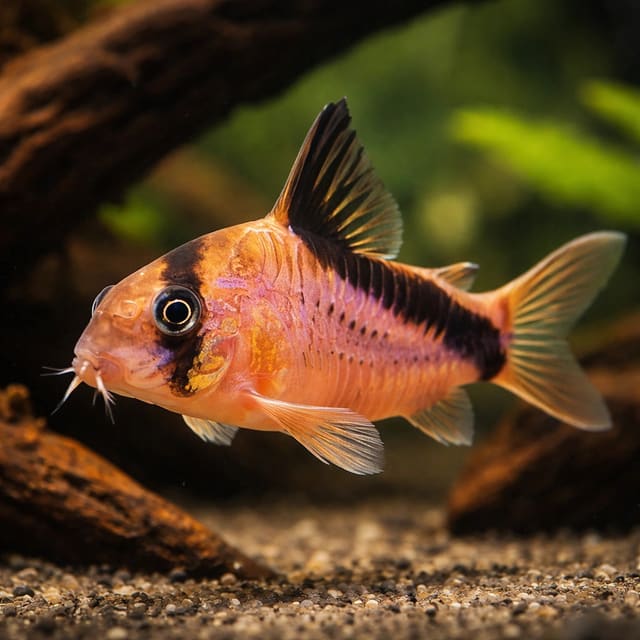 Bandit Cory (Hoplisoma melini) showing the dark mask and diagonal body stripe