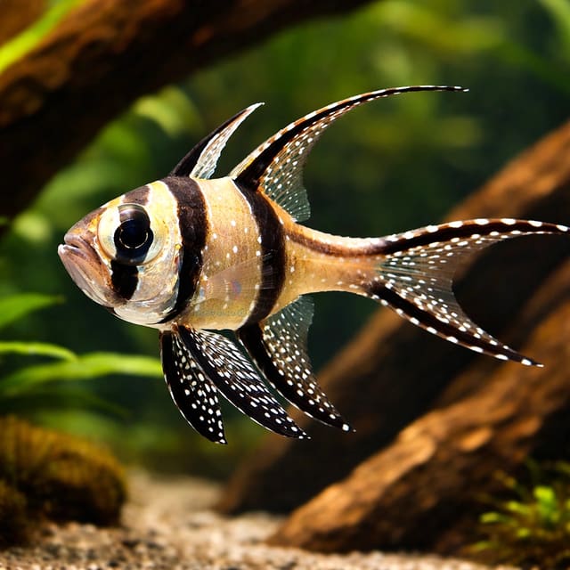 Banggai cardinal fish Pterapogon kauderni with silver body, black vertical bars and long fins