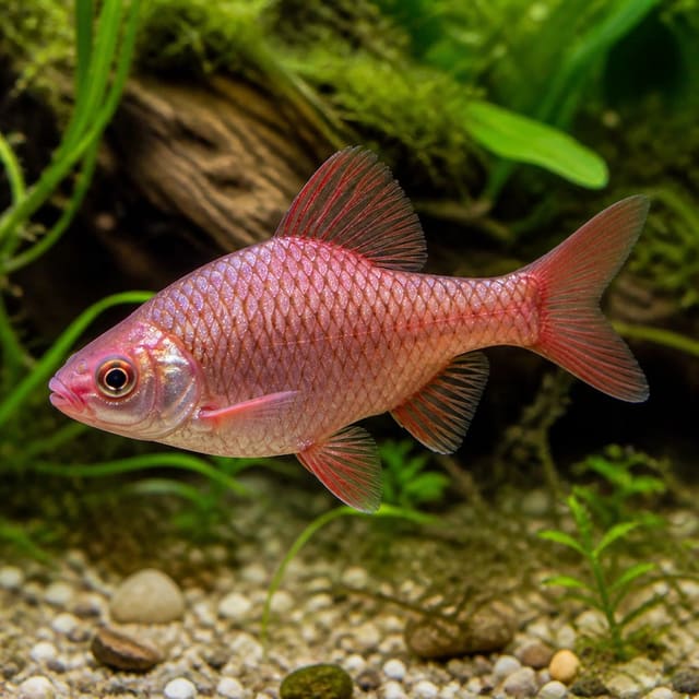 Healthy Rosy Barb (Puntius conchonius) live fish, 3.5–4 cm, showing silver body with rosy red fins