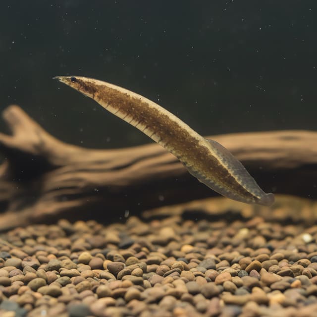 Barred Spiny Eel (Macrognathus pancalus) burrowing aquarium fish
