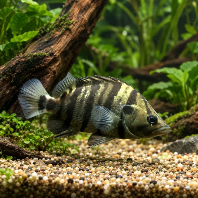 Barred tigerfish (Datnioides polota), silvery-olive with broad dark bars, beside driftwood in an aquarium