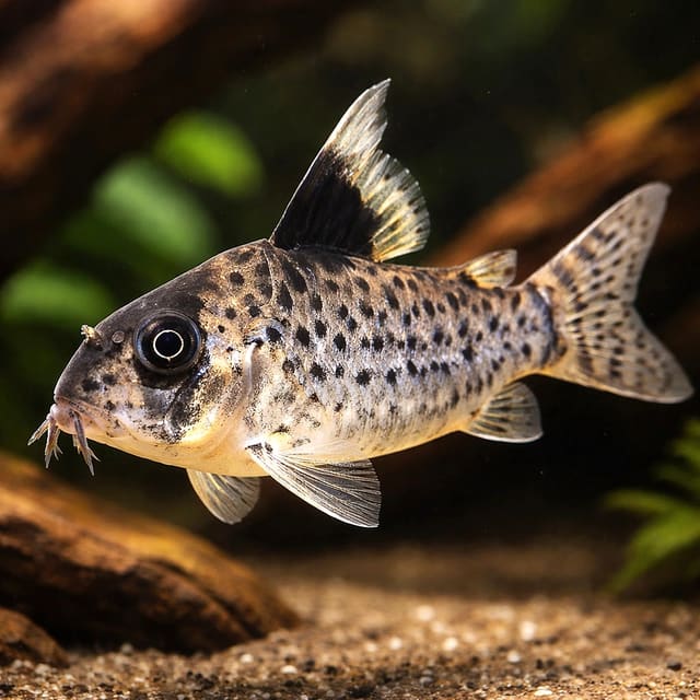 False-Spotted Cory (Corydoras leucomelas) foraging over fine sand