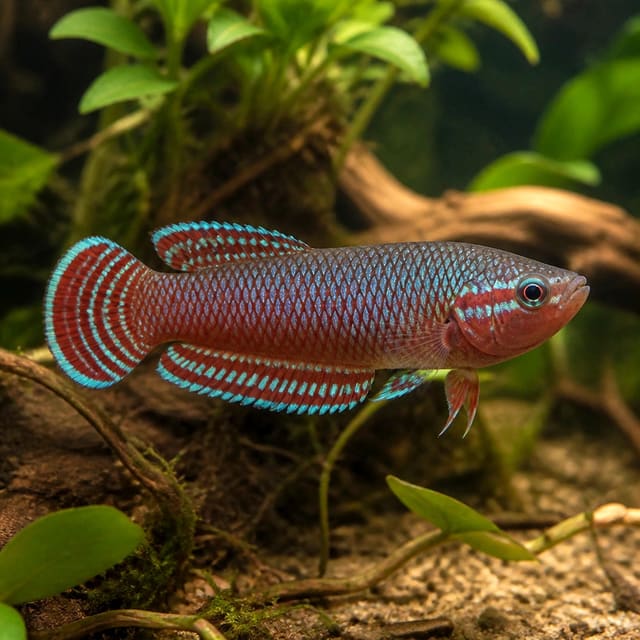representative illustration of Betta coccina (Jambi Scarlet Betta) in blackwater; not the exact fish supplied