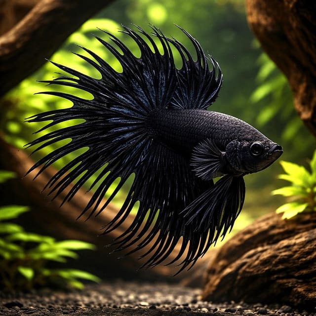 Black Crowntail Male Betta (Betta splendens) - dark male crowntail betta