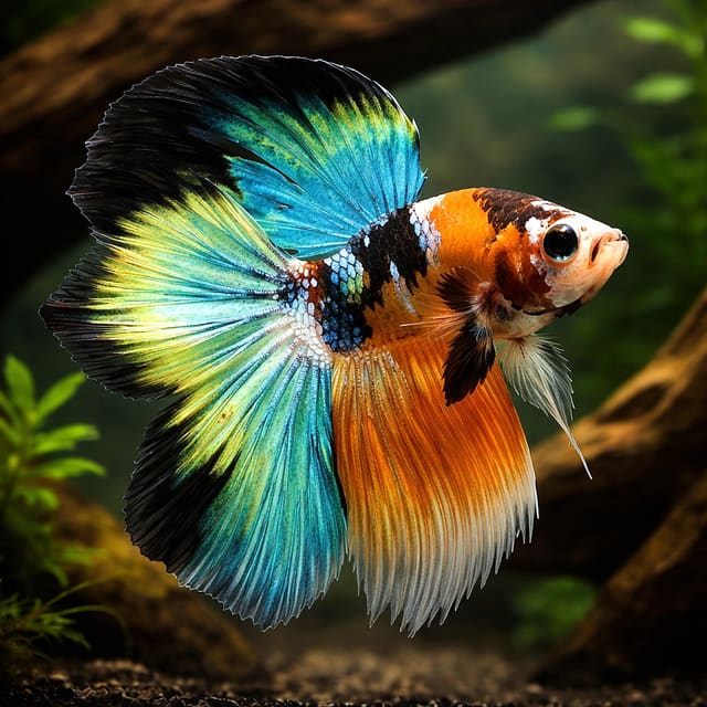 Representative XL male Double Tail Betta with divided caudal fin and mixed orange, blue and black colour