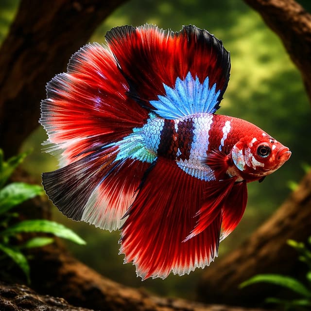 Illustrative red, white and blue Butterfly Halfmoon Betta male (Betta splendens) beside driftwood — representative image