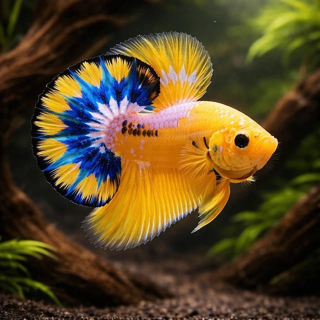 Representative image of a yellow and blue male Betta splendens in a planted aquarium
