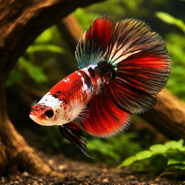 red-marble Super Delta-type betta beside driftwood