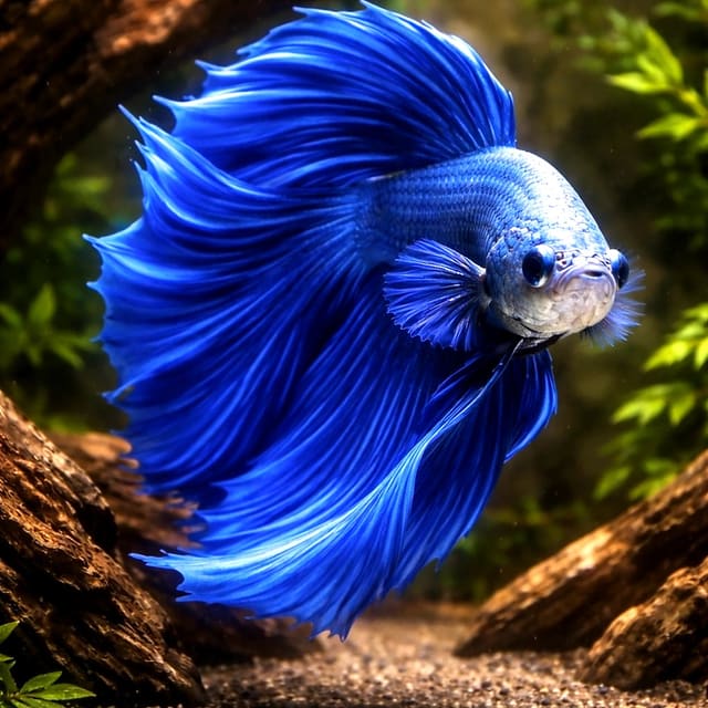 Illustrative male Super Delta Betta (Betta splendens) in blue colouration