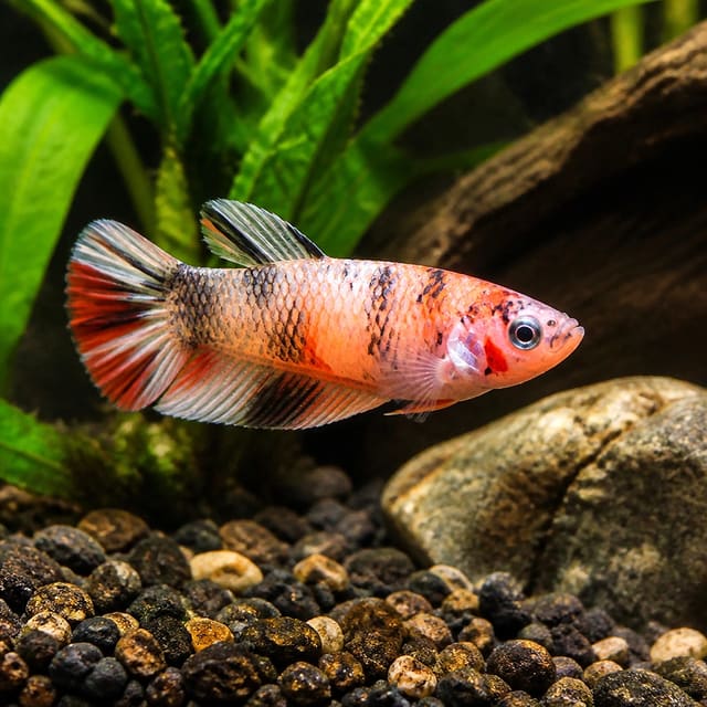 Female Koi Plakat Betta splendens with marbled orange, white and black colouring in a freshwater aquarium