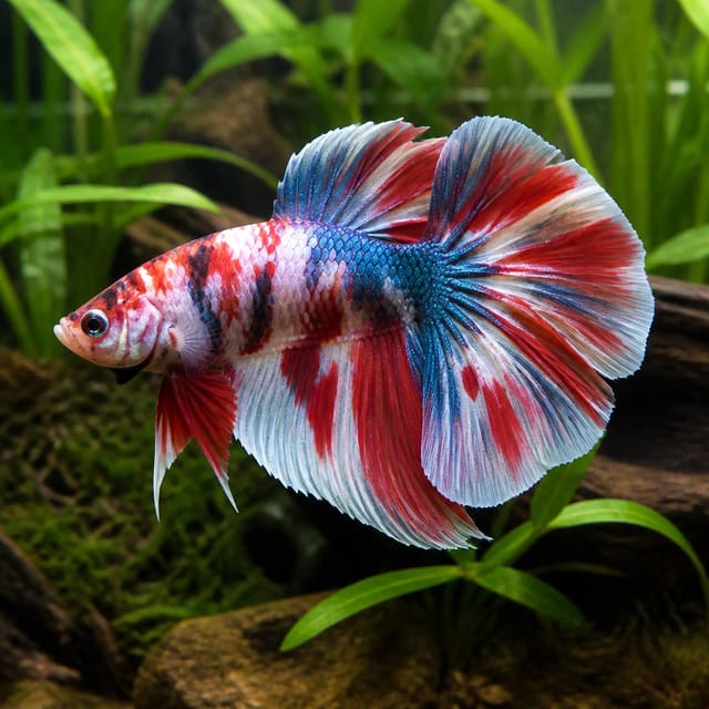 XL male Koi Double Tail Betta splendens with flowing fins and marbled koi colouration
