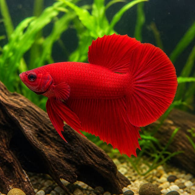 Male super red halfmoon plakat Betta splendens with vivid red fins and compact body