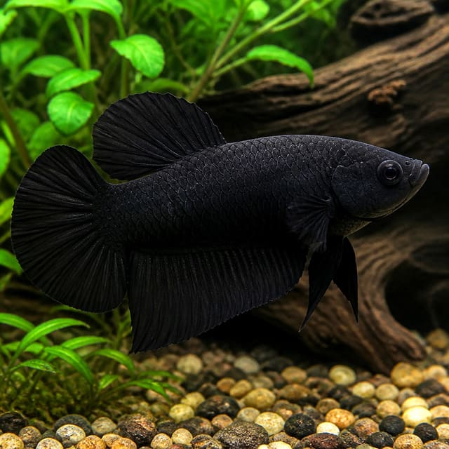 XL black male plakat betta fish, Betta splendens, with short fins and deep dark colouration