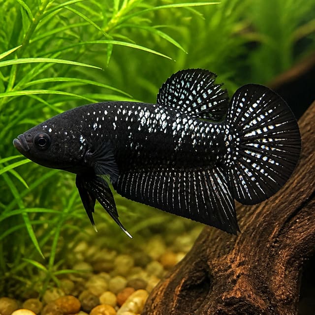 XL male Black Star Plakat Betta fish with dark metallic colouring and compact fins