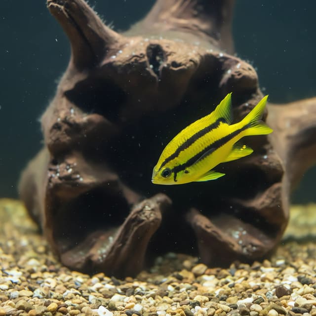 Black-and-gold chromis (Neoglyphidodon nigroris) in a planted aquarium — representative image