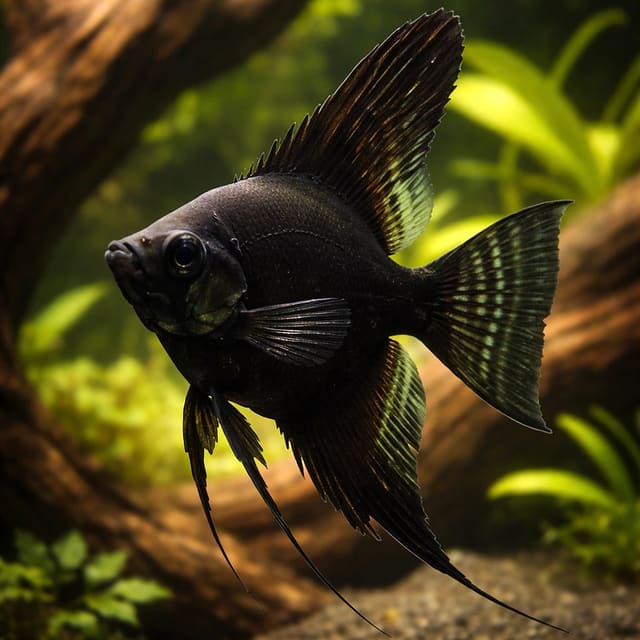 Black Angelfish facing left among green plants, wood and gravel, with tall fins and trailing pelvic filaments