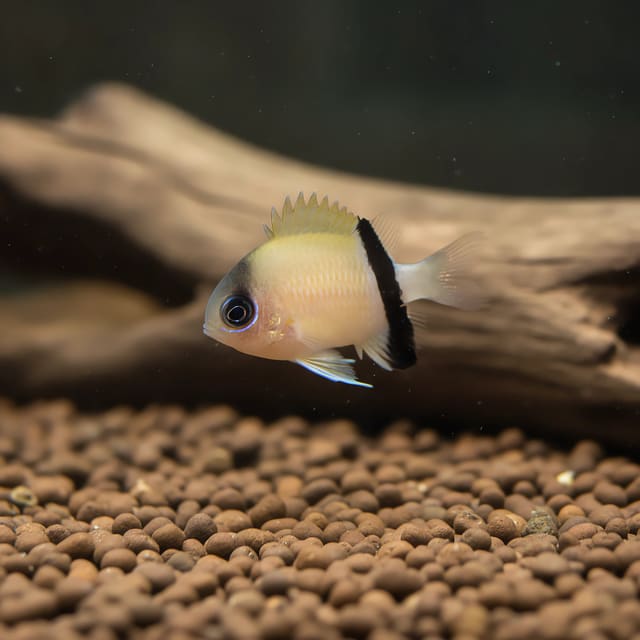 Black-bar chromis (Chromis retrofasciata) marine fish, 4cm size, showing dark body bar and streamlined shape