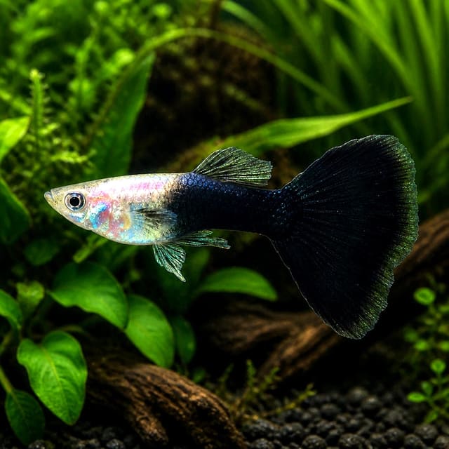Black male guppy (Poecilia reticulata), representative illustrations aquarium image; colour and finnage vary