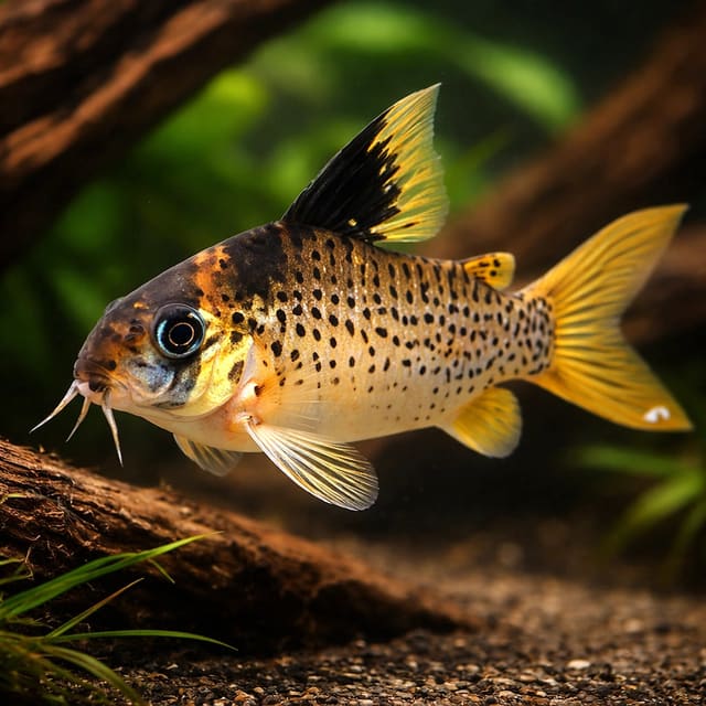 Black Sail Cory (Corydoras melanistius) on soft aquarium substrate