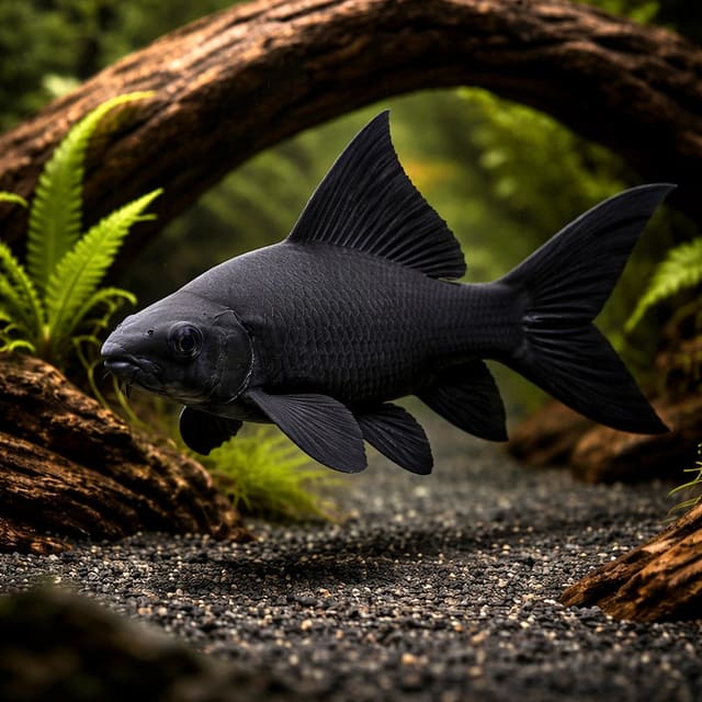 Illustrative Black Sharkminnow (Labeo chrysophekadion) juvenile beside driftwood — representative image