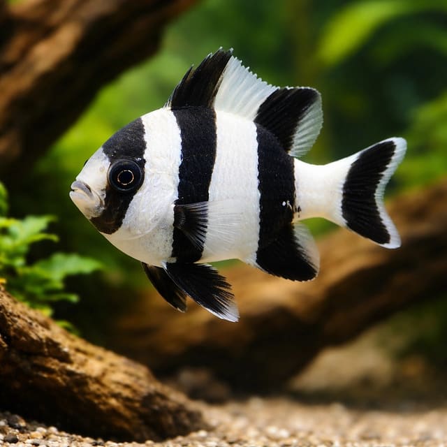 Blacktail humbug damselfish Dascyllus melanurus M size with bold black tail markings in a marine aquarium