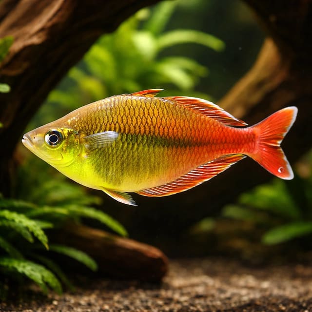 Representative Bleher's Rainbowfish (Chilatherina bleheri) with orange-red tail beside driftwood — representative image