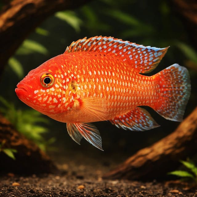 Blood-Red Jewel Cichlid juvenile showing red body and blue spangling