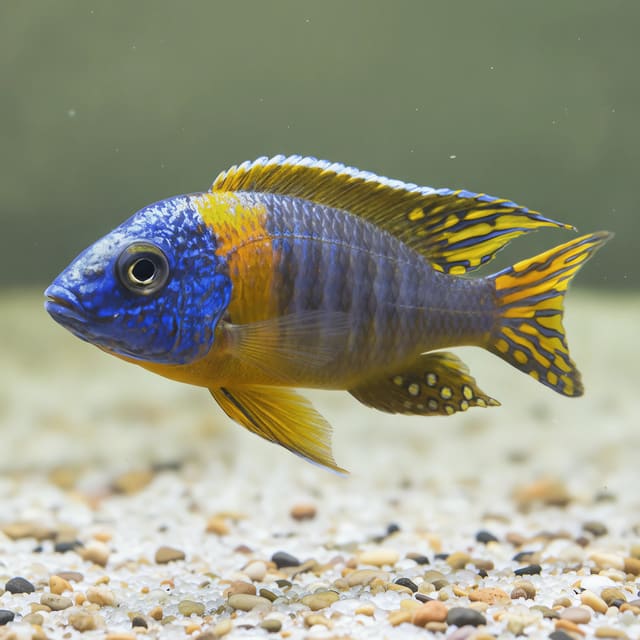 Blue-Gold Peacock Cichlid (Aulonocara korneliae) with blue body and yellow fin markings