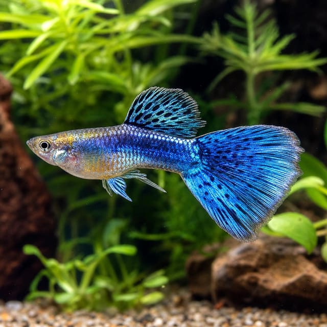 Poecilia ret. male blue mix natural aquarium image