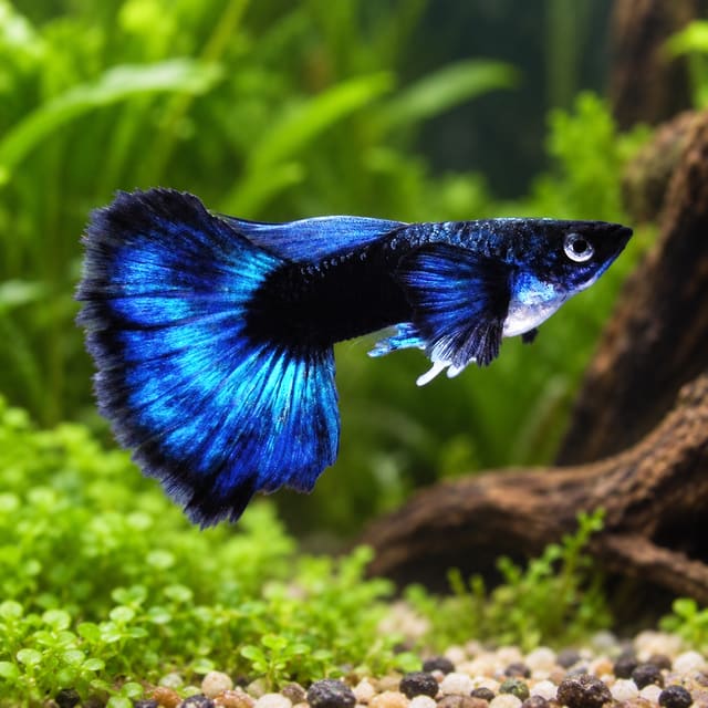 Male Blue Moscow guppy with a dark navy-black body and a deep electric-blue fan tail swimming in front of aquarium plants and