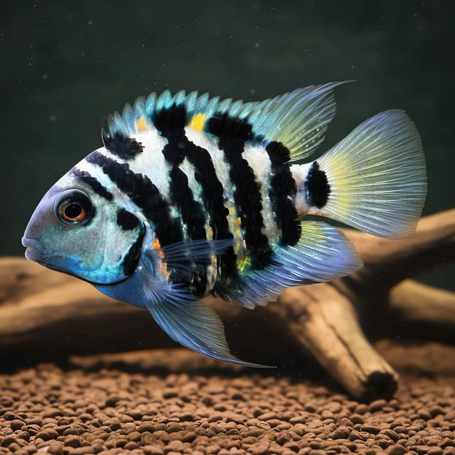 Blue Neon Tiger Parrot Cichlid hybrid with blue patterning in a spacious aquarium