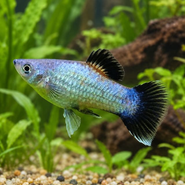 Blue Wagtail Platy with a pale metallic-blue body and a black dorsal fin and tail, in a planted aquarium