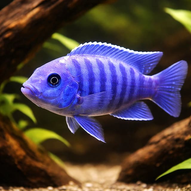 representative of Blue + Blue Zebra Mbuna beside driftwood; illustrative only, not the exact fish supplied