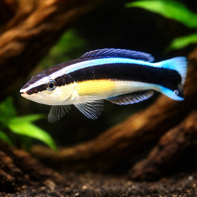 Bluestreak cleaner wrasse Labroides dimidiatus medium marine fish with blue and black stripes