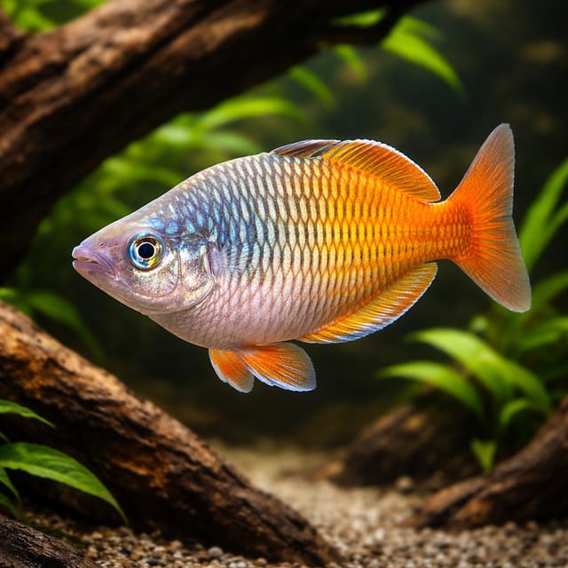 Boesemann's Rainbow Fish (Melanotaenia boesemani) beside aquarium driftwood