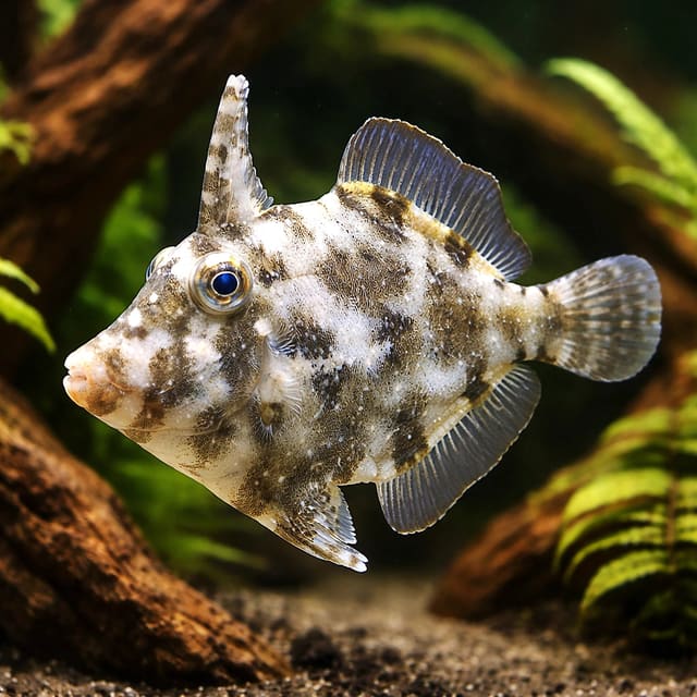 Bristle-tail file-fish Acreichthys tomentosus marine fish with mottled body and bristle-like tail in a saltwater aquarium