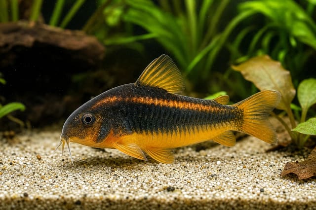 Reference-led illustration of a Peru Gold Stripe Cory (Osteogaster sp. CW010)