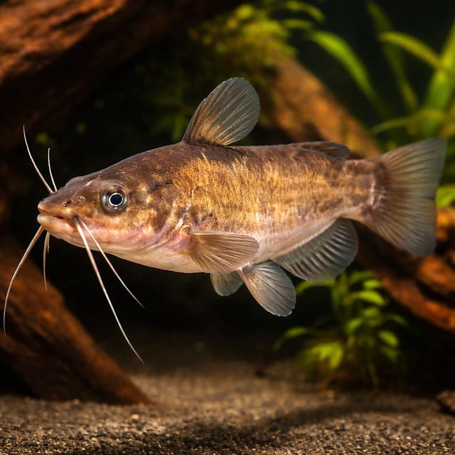 Brown Bullhead catfish Ameiurus nebulosus 15-20 cm showing mottled brown body and whisker-like barbels