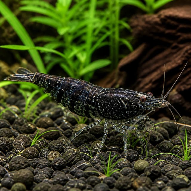 Black Carbon Rili shrimp on dark gravel in a planted aquarium