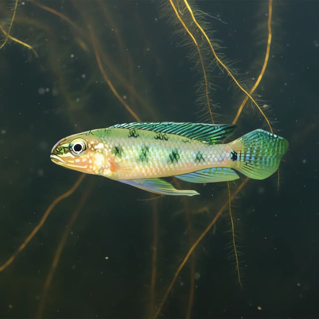 Checkerboard Cichlid Crenicara maculata source photo showing a green spotted flank and patterned tail
