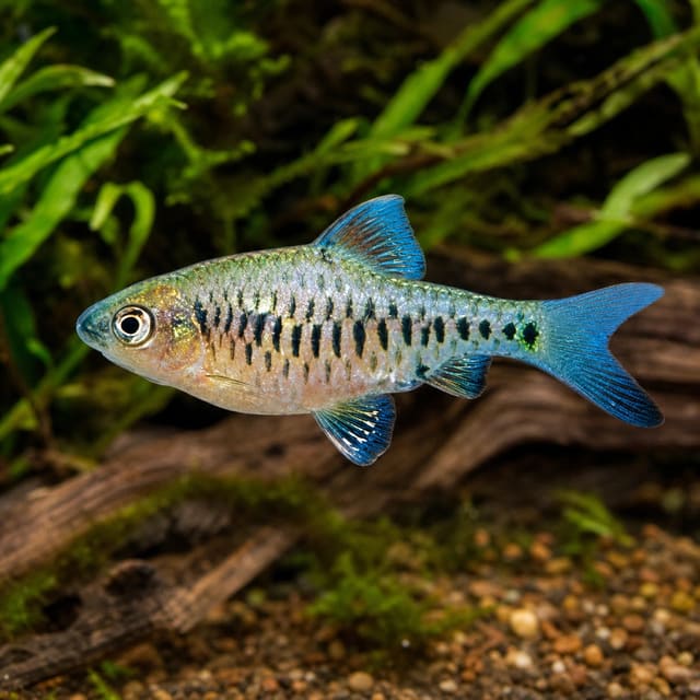 Checkered Barb (Oliotius oligolepis) showing its checkerboard scale pattern in a planted aquarium