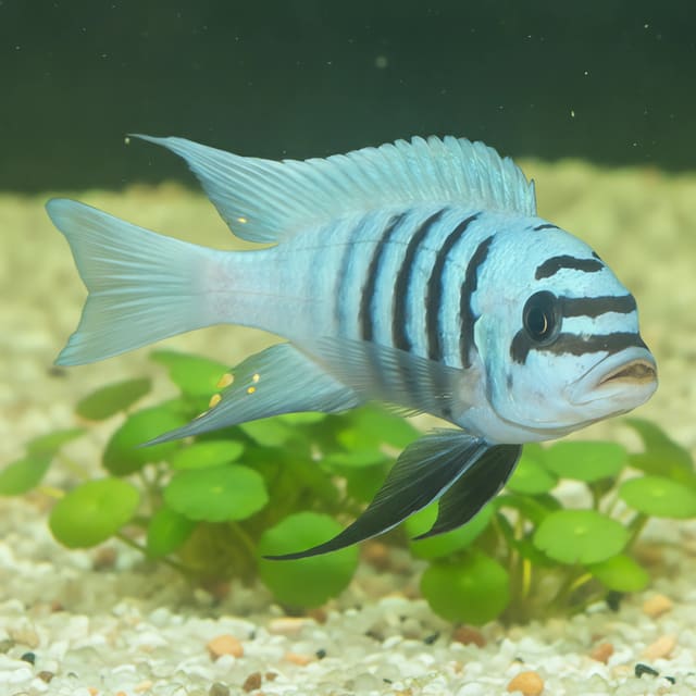 Chilumba Maison Reef Zebra Mbuna Cichlid (Pseudotropheus zebra chilumba maison reef sp.) in a planted aquarium