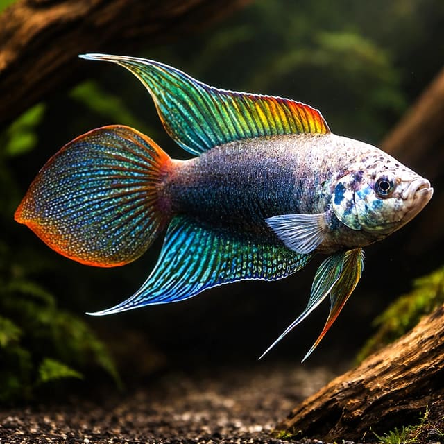 Round-Tailed Paradise Fish (Macropodus ocellatus) beside driftwood, representative stock illustration