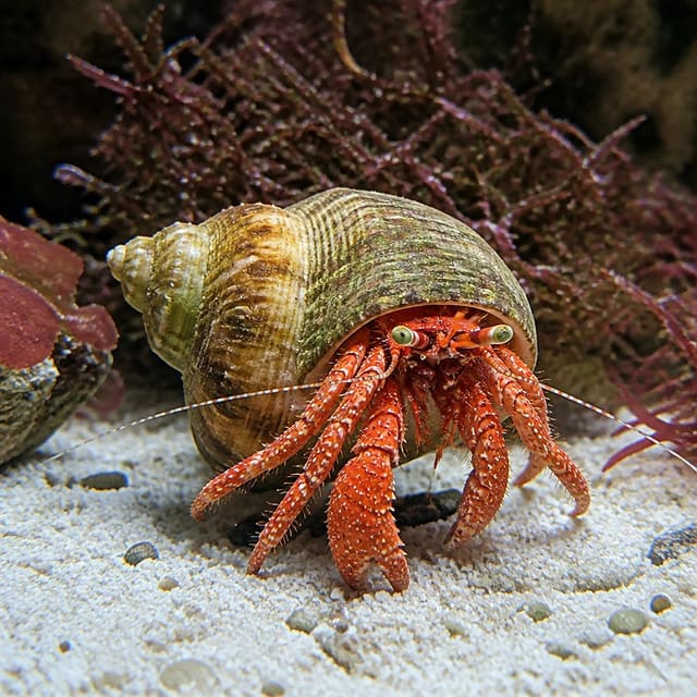 Red hermit crab Clibanarius rutilus on marine rockwork in a saltwater aquarium
